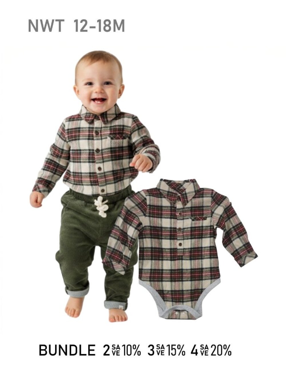 ME & HENRY Tartan Plaid Long Sleeve Flannel Bodysuit - Size 12/18m